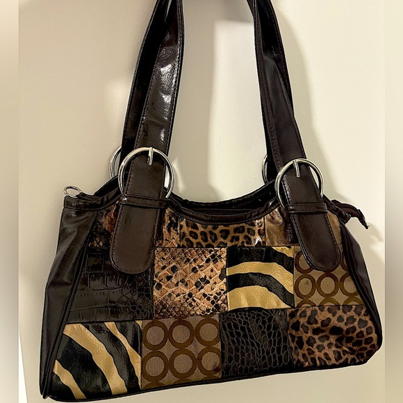 Y2K Patchwork Brown Animal Print Faux Leather Shoulder Bag - Picture 1 of 9